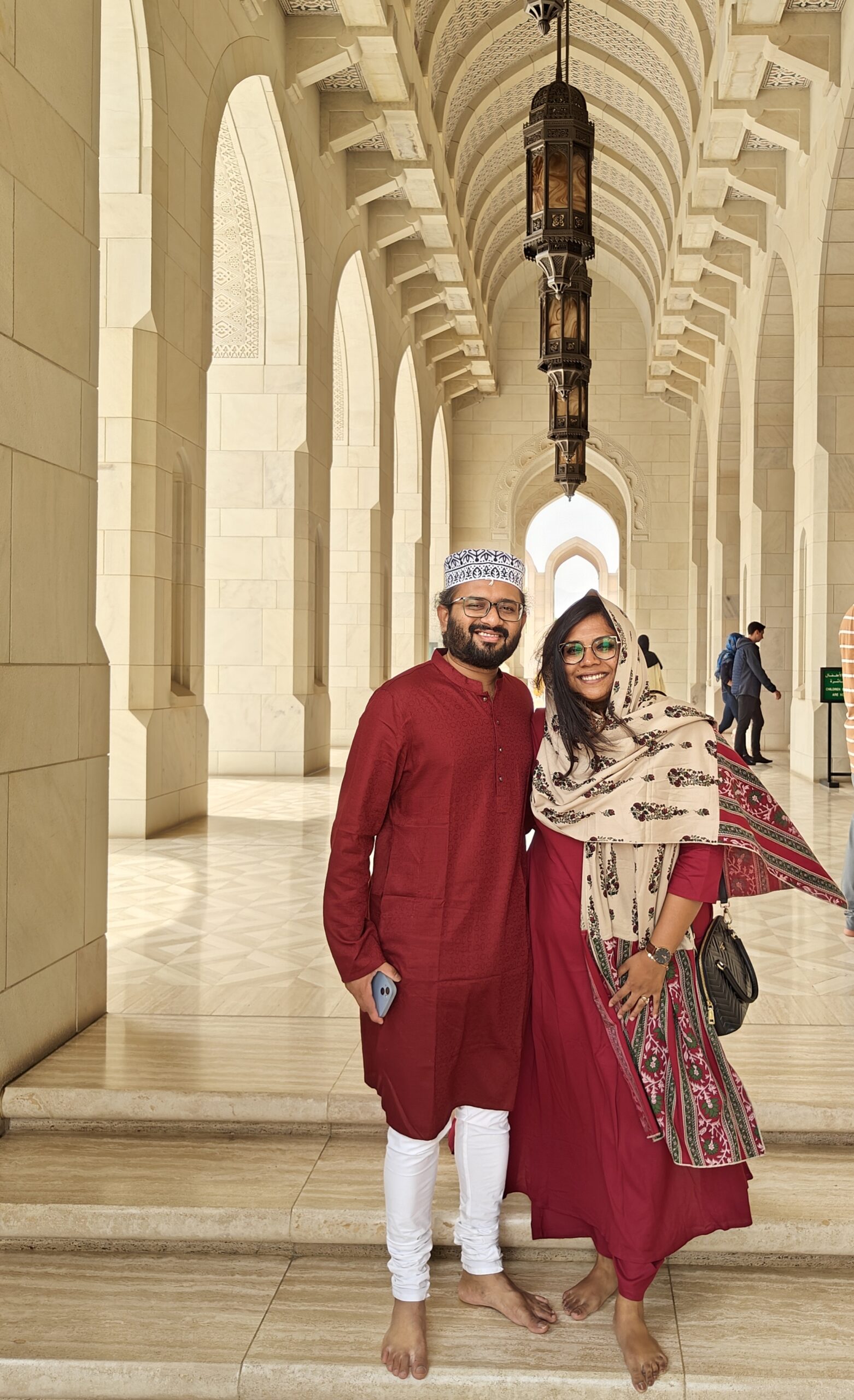 At Sultan Qaboos Mosque, in Muscat.
