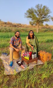 Enjoying a sunset picnic in Bishangarh, Rajasthan, with Sourav.