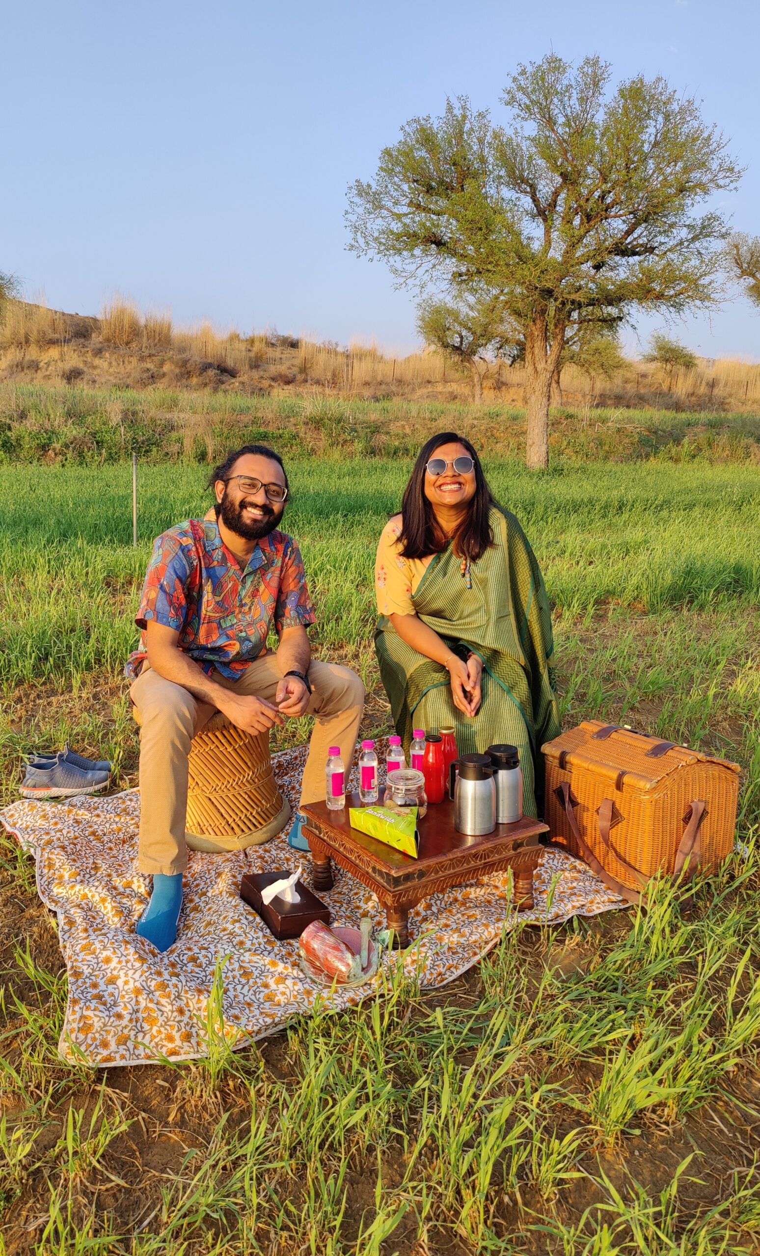Enjoying a sunset picnic in Bishangarh, Rajasthan, with Sourav.