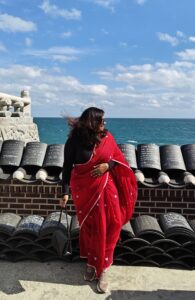 At Haegon Yogonessa Temple in Busan, I had one of those quiet, unforgettable moments, draped in a saree, soaking in the calm.