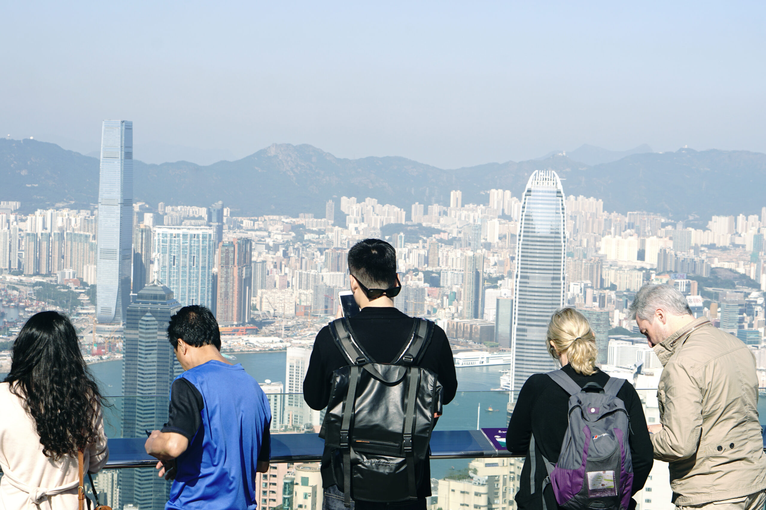 Scenic view of Hong Kong Victoria harbor from the Peak, Sky Terrace 428, a highest sightseeing in Hong Kong.