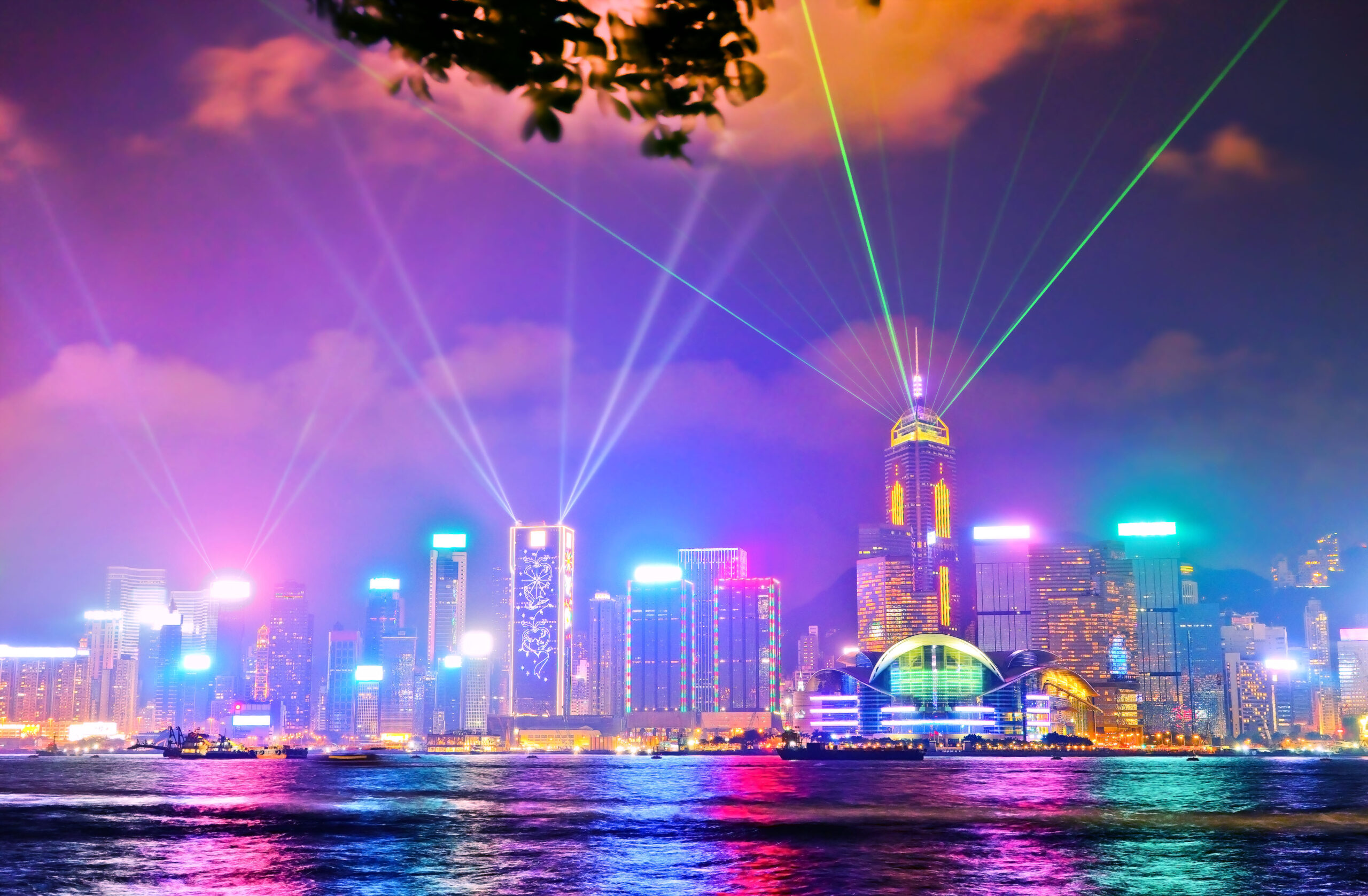Victoria Harbor and Hong Kong skyline with the Symphony of Lights Show.
