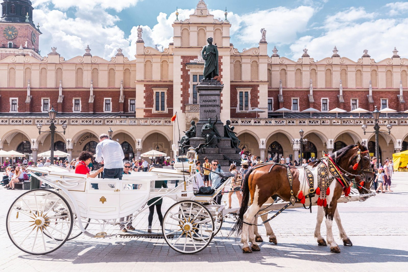 Beautiful Krakow Market Square full of tourists during the Summer season